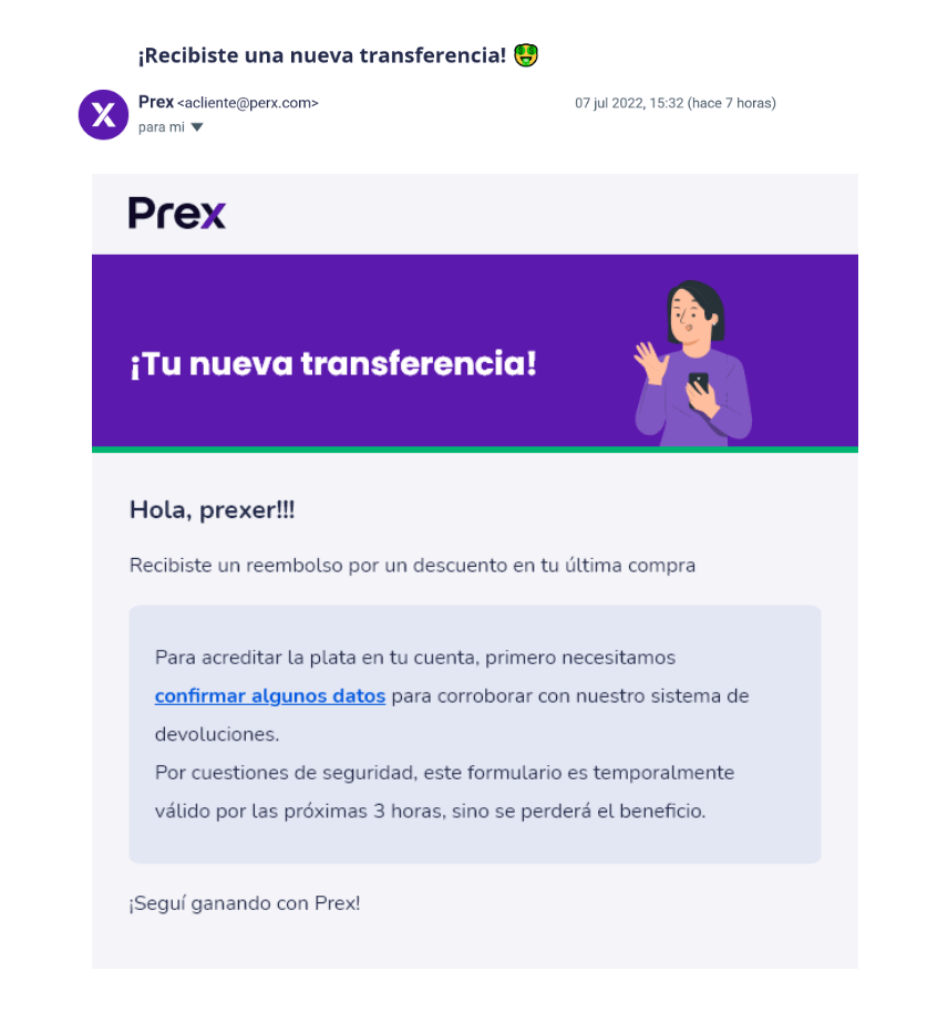 Ejemplo de Phishing Captura de correo electrónico falso simulando ser una cuenta oficial de Prex