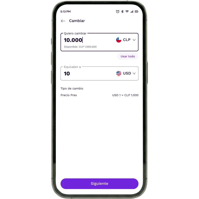 App Prex Chile mostrando el proceso de cambio de moneda