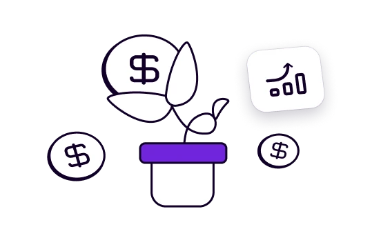 Icono de planta con moneda y gráfico bursátil que representa el cálculo diario de rendimientos de Cuentasa en Prex Chile.
